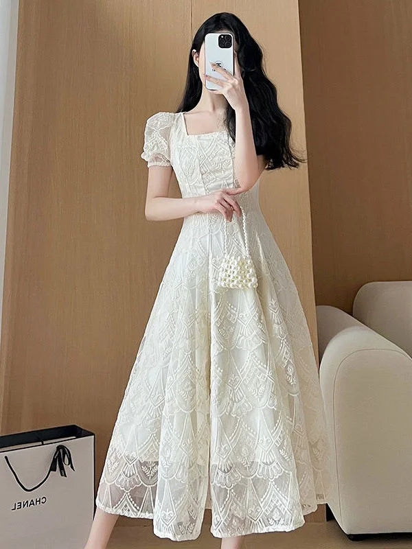 Women's Plus Size A-Line Summer Dress - Lace Hollow Out, Square Neck, Waist Cinched