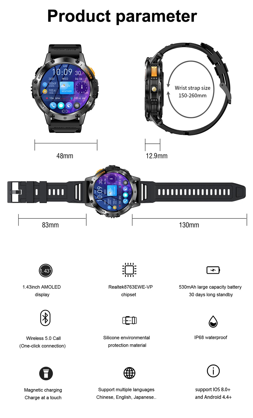 AMOLED Smart Watch for Men – Waterproof Sports Fitness Tracker with Flashlight & Bluetooth Call + Box