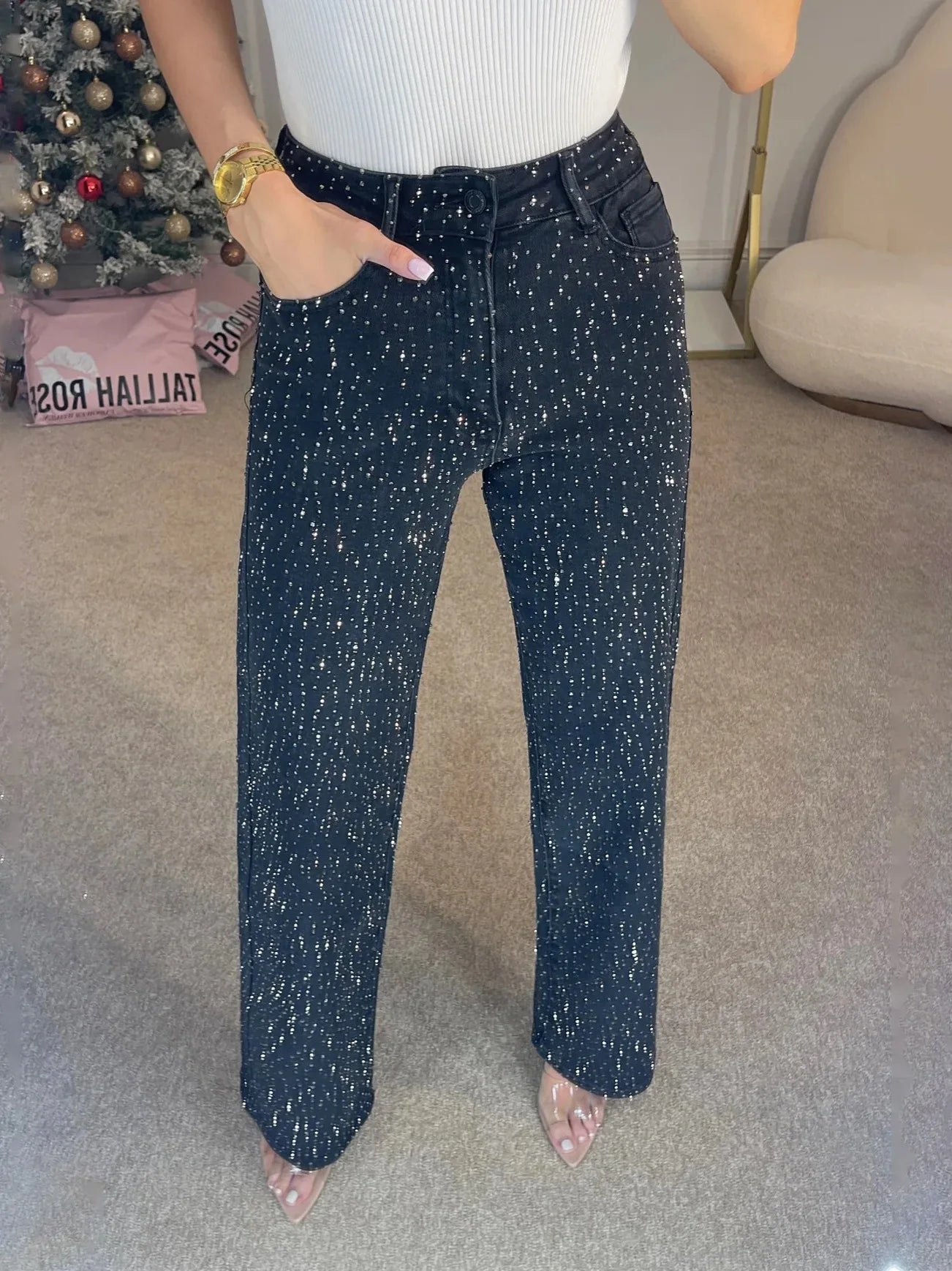 Jeans for Women Straight Diamonds Pants Stretch High Waist Washed Mom Jeans Vintage Denims Streetwear Y2k Streetwear Trousers - trendingshoping.com