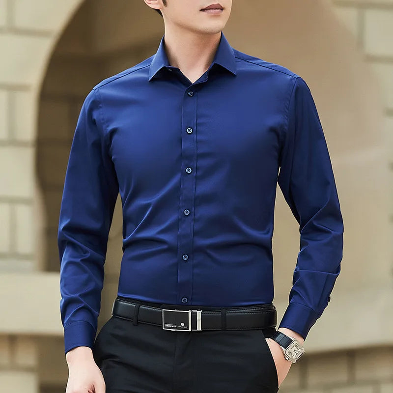 Men’s Solid Color Slim Fit Long Sleeve Business Casual Formal Shirt No Iron