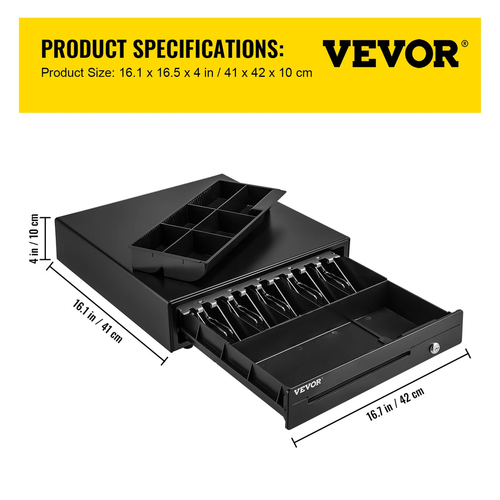 VEVOR Cash Register Drawer 16" 12 V for POS System Tray Removable Coin Compartment & 2 Keys Included RJ11/RJ12 Cable Drawer - trendingshoping.com