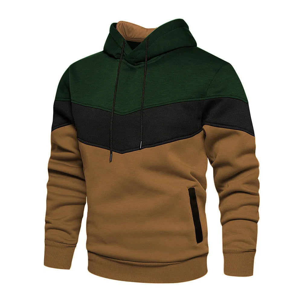 Men Patchwork Hoodie – 2025 Street Fashion Outdoor Casual Fleece Thermal Hooded Sweatshirt