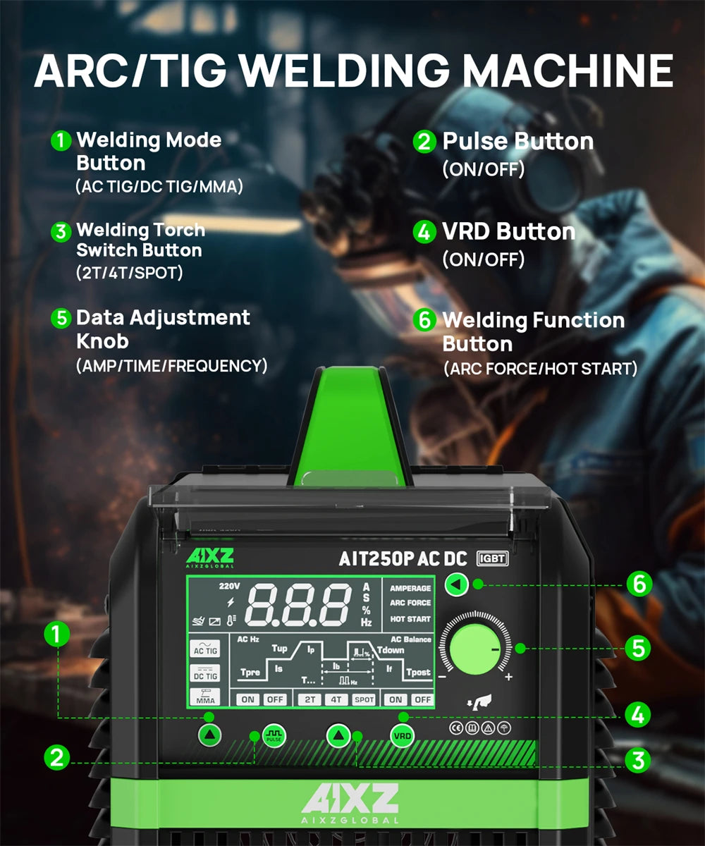 AIXZ 250A 5 in 1 HF TIG Welder AC/DC Aluminum Welding MMA/ARC/Argon Digital Pulse 2T/4T IGBT Inverter Stainless Welding Machine - trendingshoping.com
