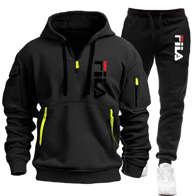 FILA 2026 Men's Autumn Winter Hoodie & Pants Set – Two-Piece Pullover Sportswear, Outdoor Multi-Pocket Sweatshirt
