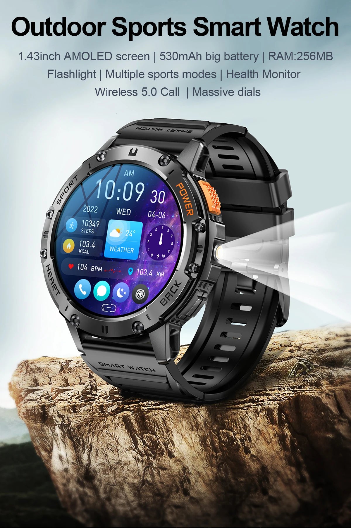 AMOLED Smart Watch for Men – Waterproof Sports Fitness Tracker with Flashlight & Bluetooth Call + Box