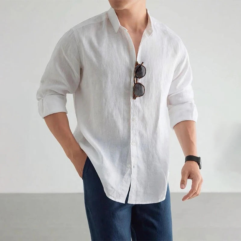 Men's Casual Long Sleeve Linen Cotton Shirt – Black/White Classic Baggy Top, Plus Size Fashion Clothing