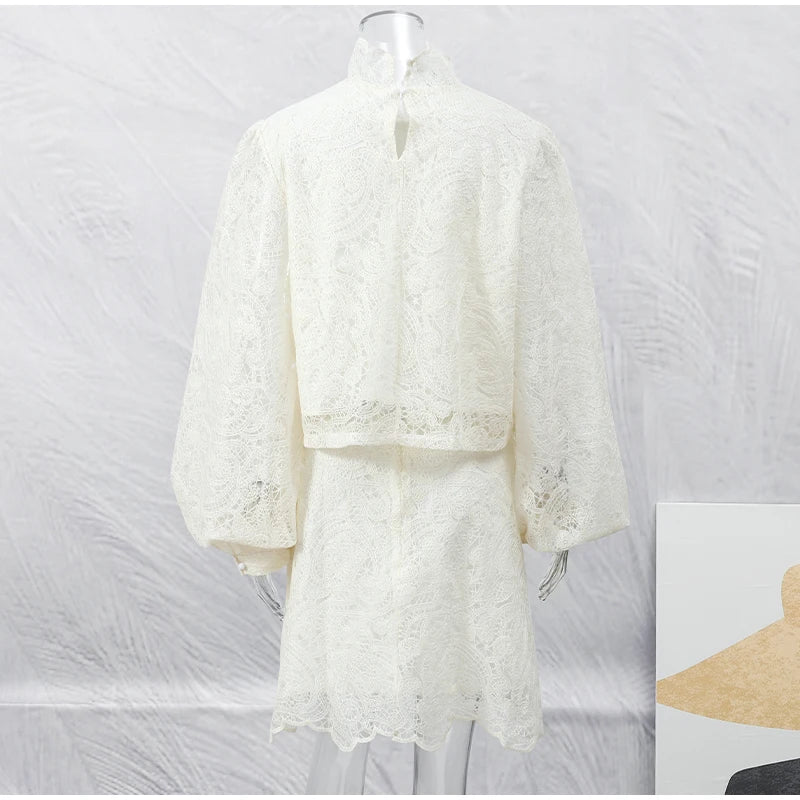 Women’s White Lace Flare Sleeve Top & Mini Skirt Set