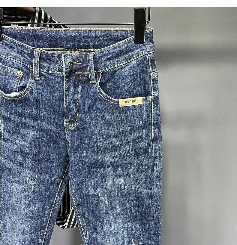 Jeans Men's Spring and Summer New High-end Trend Blue Slim-fitting Pants Brand Korean Streetwear High Street Retro Long Pants - trendingshoping.com