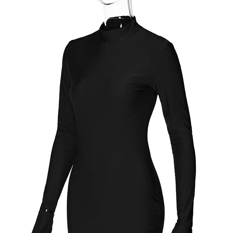 Women’s Solid Long Sleeve Bodycon Mini Dress with Gloves Half Turtleneck Party Y2K