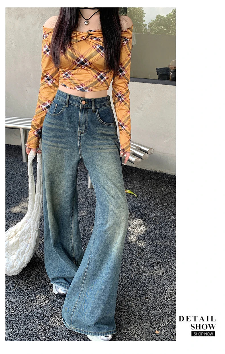 Womens Jeans Denim Pants 2025 Euramerican High Waist Girl Style Colorful Straight Leg Wide Leg Trousers