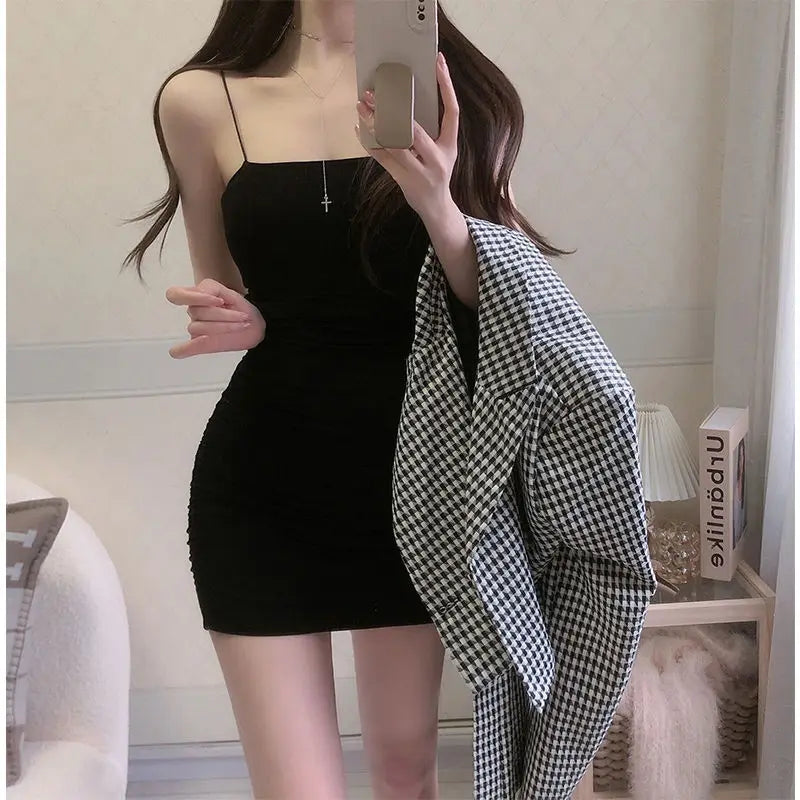 Women Sleeveless Sling Mini Dress A Line Solid Color