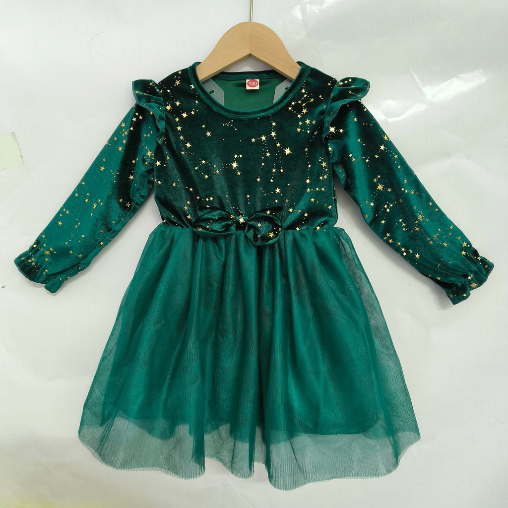 Girls Autumn Winter Velvet Long Sleeve Princess Dress With Mesh Bow Party Festive Wear