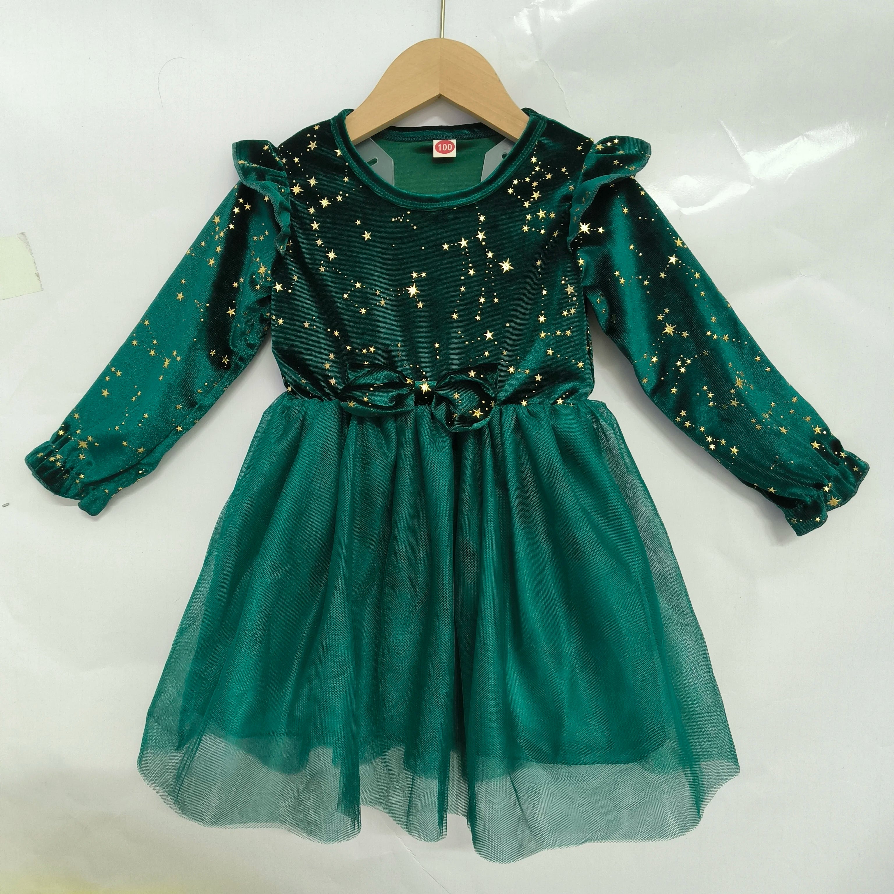 Girls Autumn Winter Velvet Long Sleeve Princess Dress With Mesh Bow Party Festive Wear