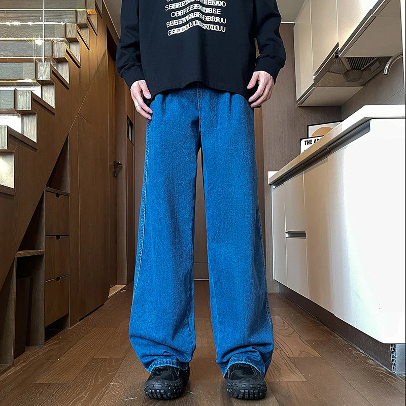 Mens Black Gray Loose Straight Wide Leg Jeans Casual Pantslue