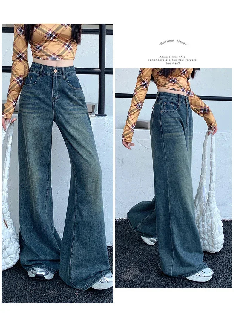 Womens Jeans Denim Pants 2025 Euramerican High Waist Girl Style Colorful Straight Leg Wide Leg Trousers