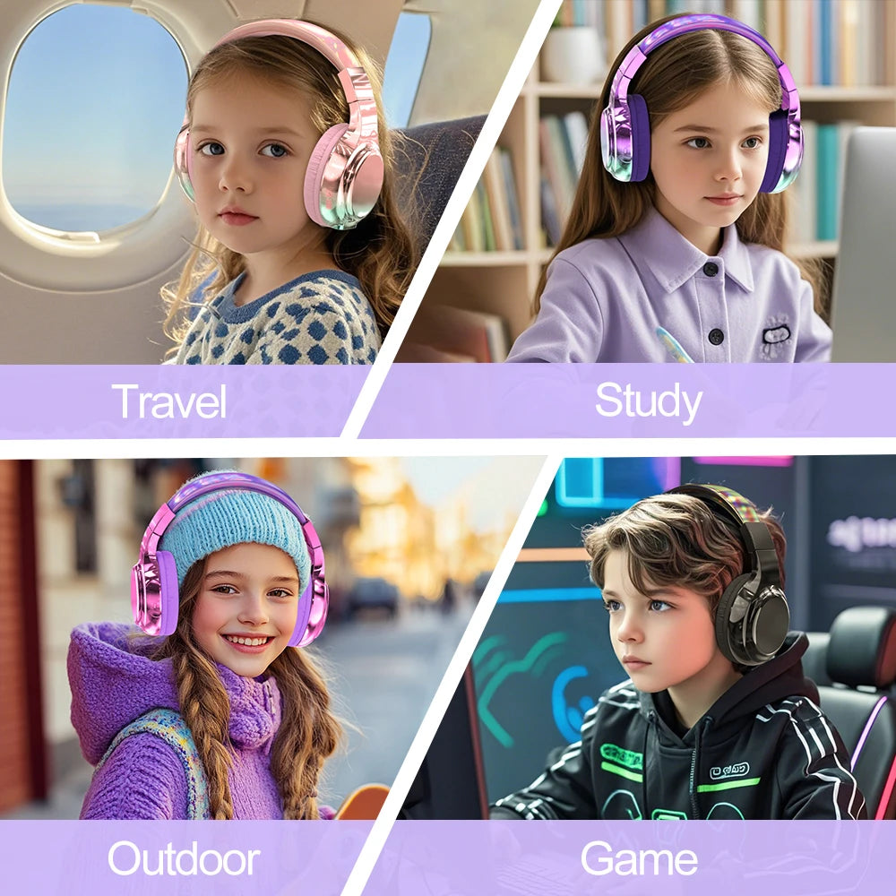 Glossy Bluetooth Headphones For Kids Girls Wireless Stereo Headset With Mic