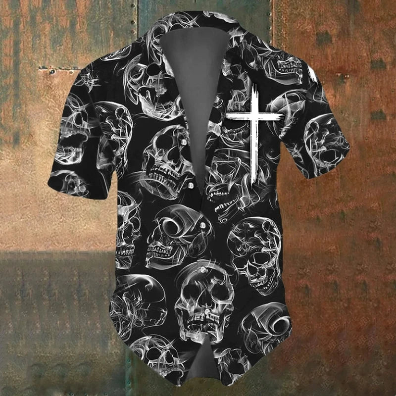 Men's Oversized Skull Shirt Short Sleeve Vintage Lapel Collar - Black & White