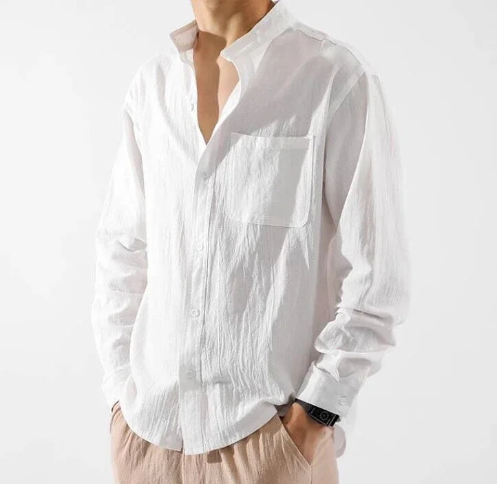 Men's White Linen Shirt with Pocket – Elegant Casual Fashion Shirt, 2025 New Arrival Social Tops