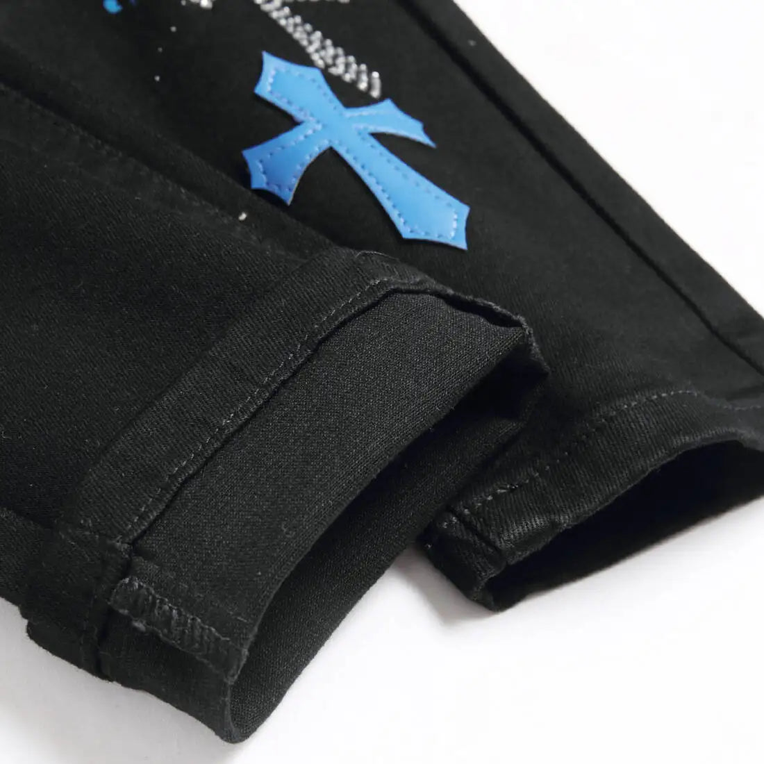 Mens Black Distressed Patch Jeans Elastic Slim Fit Pants