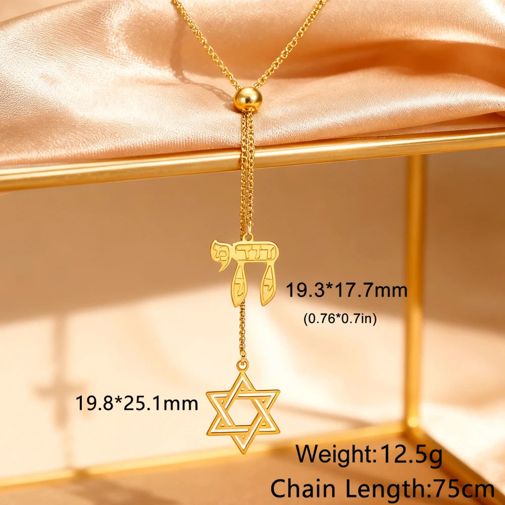 Dawapara Star of David and Jewish Hebrew Chai Pendant Long Necklace Sweater Chain Hexagram Judaism Stainless Steel Jewelry