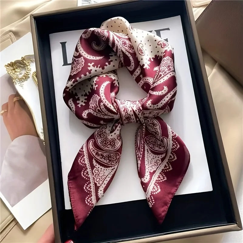 New Paisley Houndstooth Printed Square Scarf Coffee Color Thin Smooth Neck Scarf Vintage Style Sunscreen Headscarf For Women