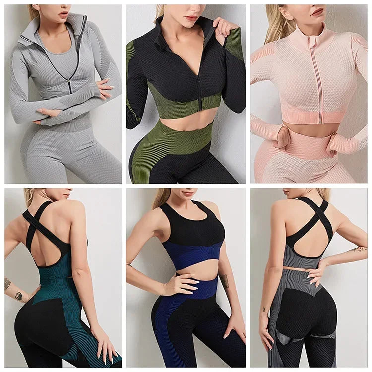 Yoga Clothes Gym Wear Women Fitness Clothing Outfit Workout Zipper Sportswear Long Sleeve Crop Bra Top Leggings Seperately Sold