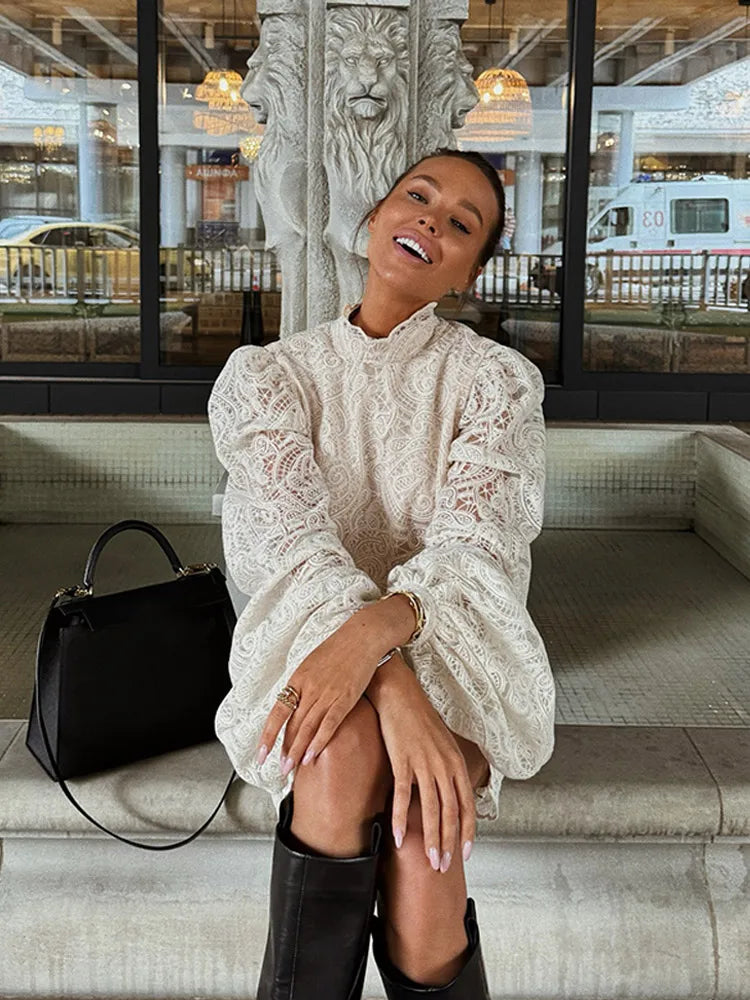 Women’s White Lace Flare Sleeve Top & Mini Skirt Set