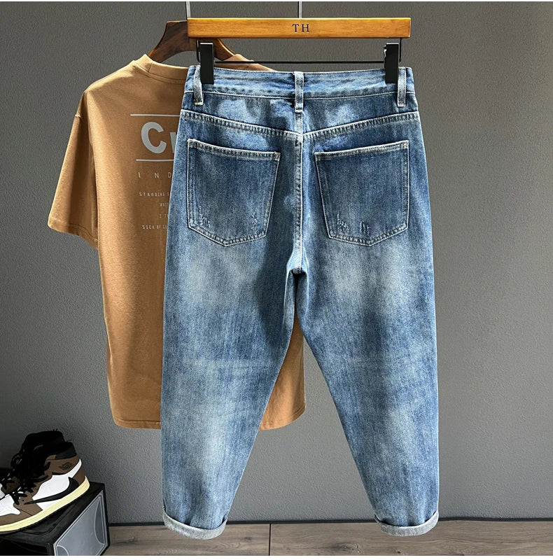 Ripped Jeans Men New Personality Fashion Vintage Blue Streetwear Baggy Denim Pants Casual Tapered Hole Frayed Trousers Male