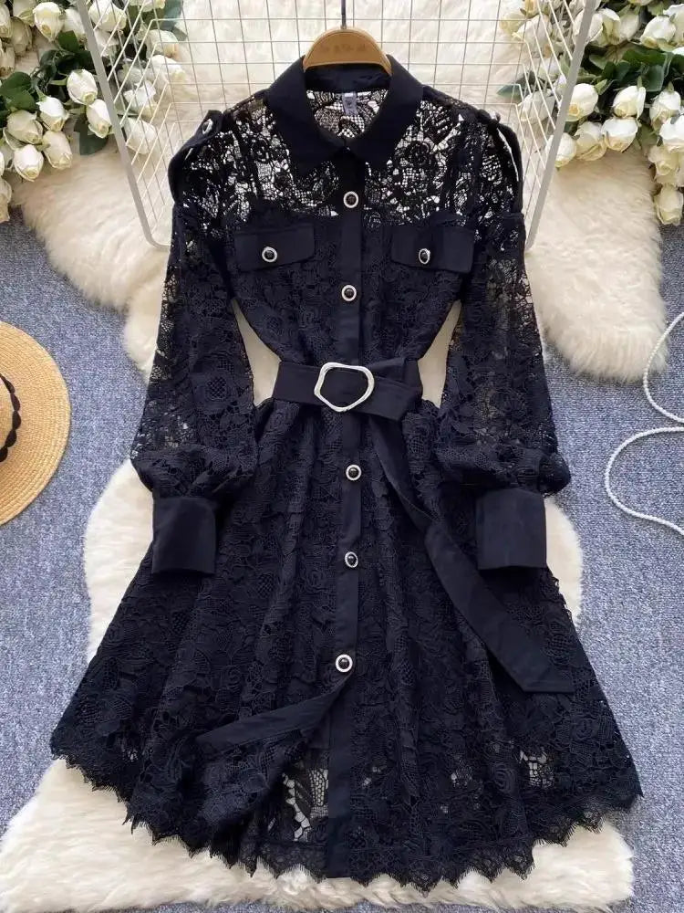 Women’s Solid Color Long Sleeve Midi Dress Single Breasted Belt Elegant Autumn Dress 2025