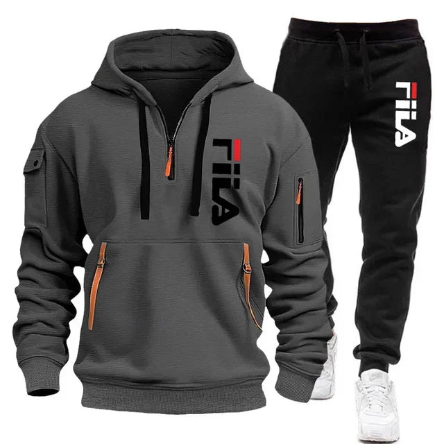 FILA 2026 Men's Autumn Winter Hoodie & Pants Set – Two-Piece Pullover Sportswear, Outdoor Multi-Pocket Sweatshirt