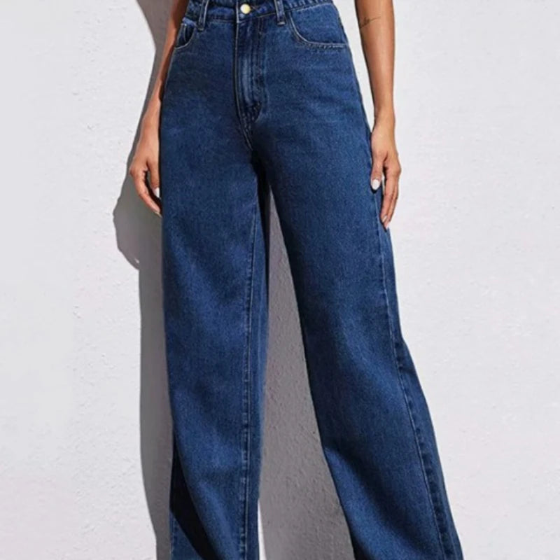 New ForeignWomen's High-Waisted Wide-Leg Jeans - Straight Loose Fit Denim with Elegant Drape Trade