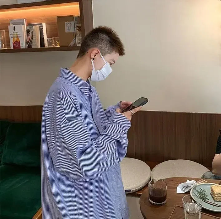 Casual Oxford Cloth Long Sleeve Shirt Men's Spring Summer New Style Hong Kong Style Japanese Stripe Thin Casual Workwear Jacket