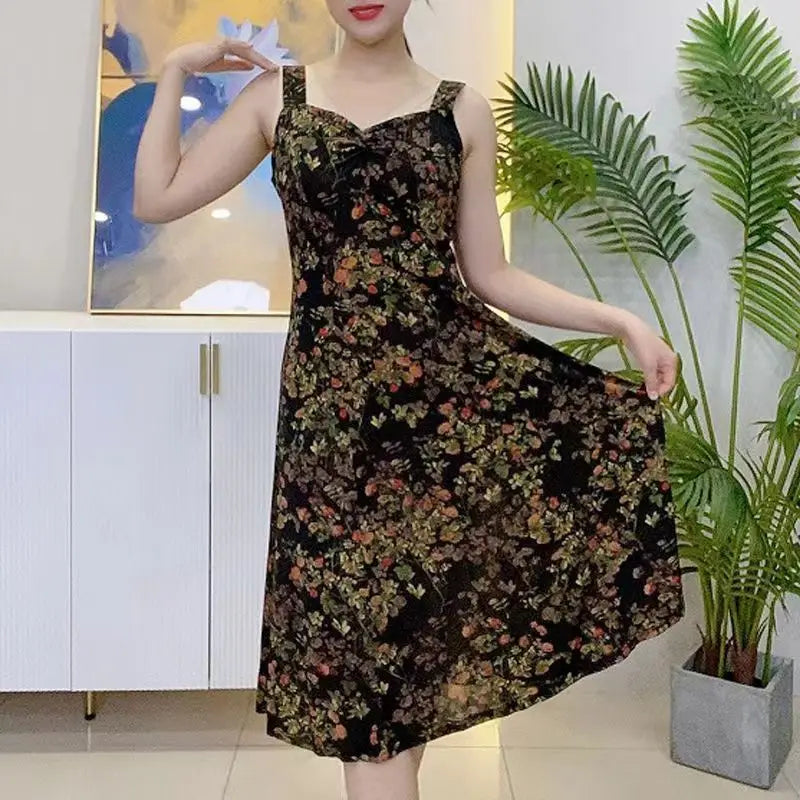 Women’s Vintage Floral V-Neck Slip Midi Dress – Summer Casual A-Line Waist Elegant Fashion