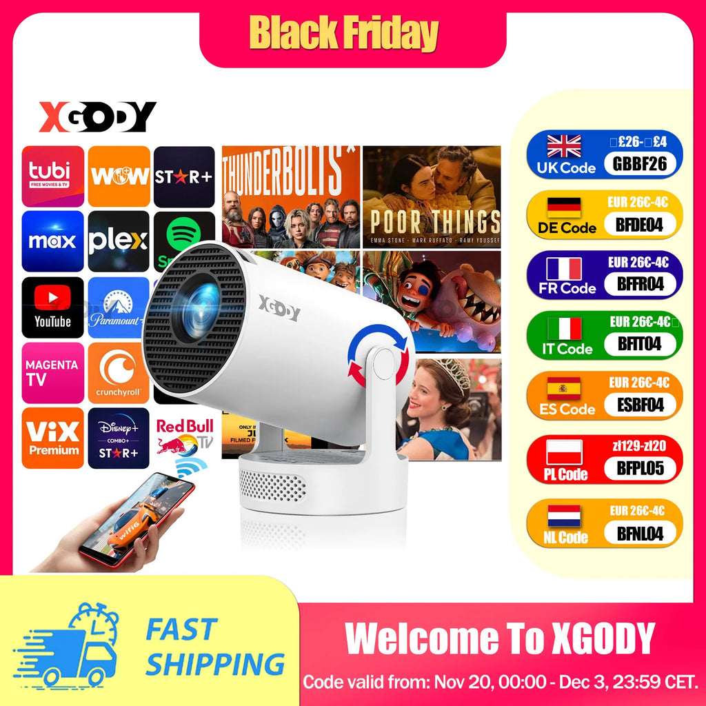 XGODY Projector Gimbal 3S Short Throw 4K Android 11 250ANSI Wifi6 Mini BT5.4 Projector Native 720P Home Cinema Outdoor Portable