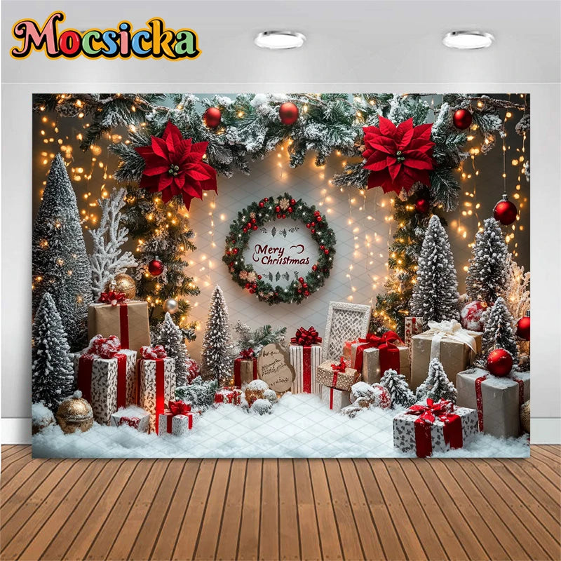 Christmas Photography Background Xmas Tree Gifts Snowflake Decoration