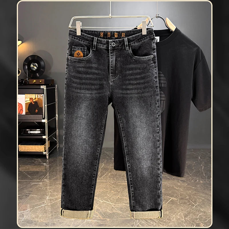 Men's Classic Straight Leg Stretch Jeans - Casual Autumn Winter Denim Trousers