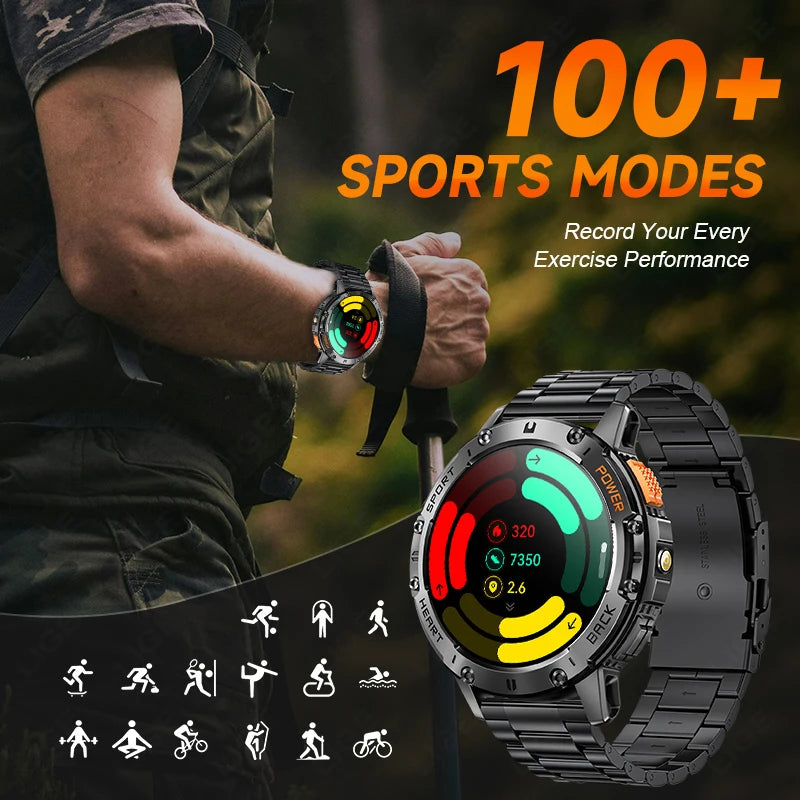 AMOLED Smart Watch for Men – Waterproof Sports Fitness Tracker with Flashlight & Bluetooth Call + Box