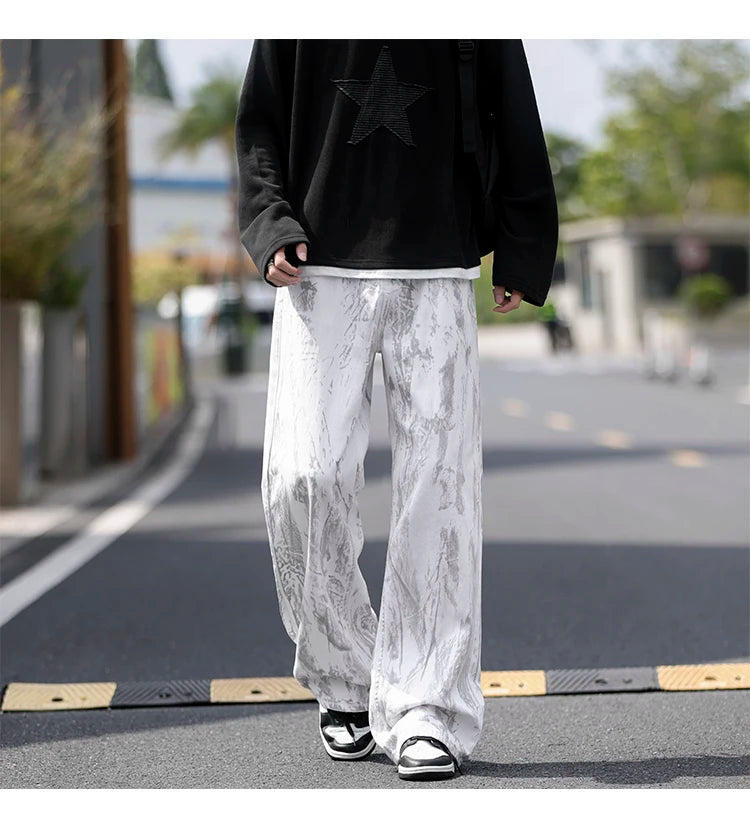 Jeans Mens Classic Straight Leg Jeans White Tie Dye Denim Pants Unisex Fashion Casual Trousers Streetwear Hip Hop Style Washed - trendingshoping.com
