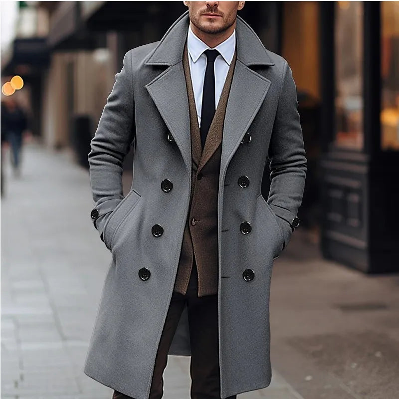 Men England Style Wool Blend Long Coat Winter Business Outerwear