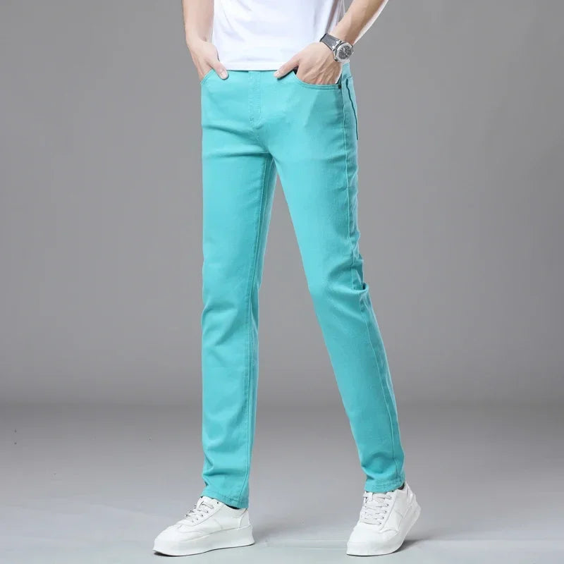 White Jeans Mens Fashion Straight Elastic Cotton Denim Pants Spring Autumn Business Casual Trousers