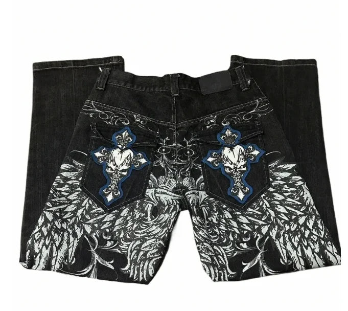 Mens Embroidered Hip Hop Wide Leg Y2K Mid Waist Gothic Retro Fashion Trousers