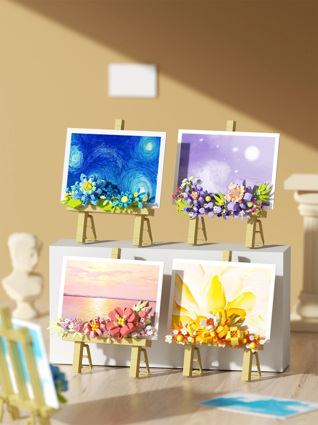 Mini Flower Painting Shelf Building Block Sets With Wooden Easel Educational Toys DIY Home Decor Mother's Day Gifts