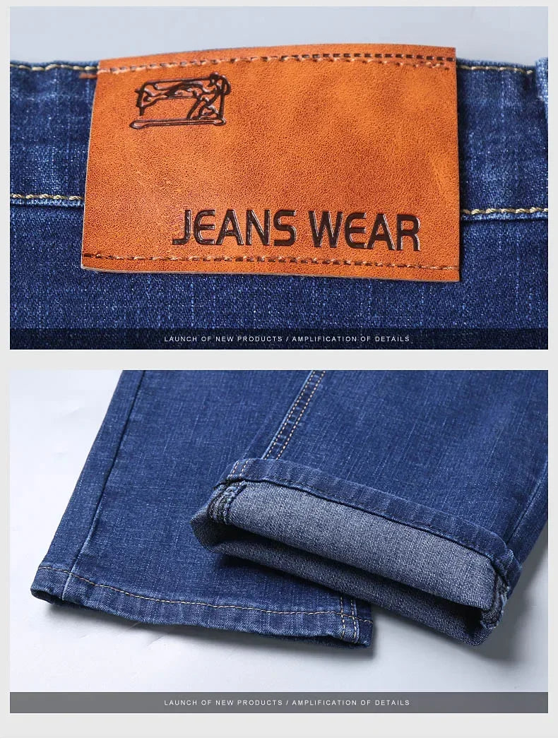 Men's Classic Straight Leg Stretch Jeans - Casual Work Denim Trousers in Blue & Black