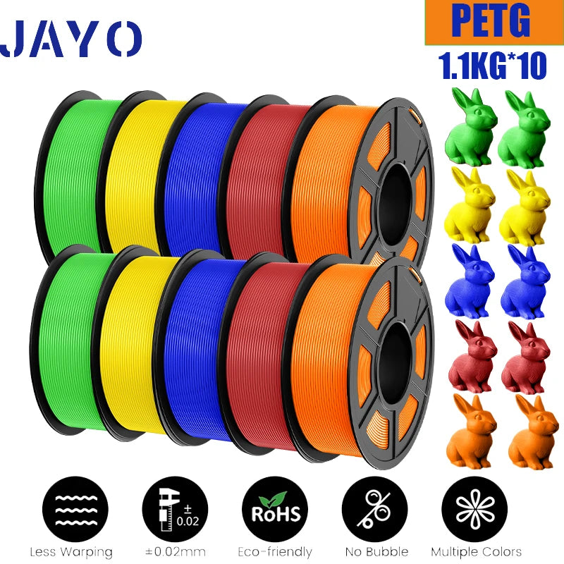 JAYO petg Filament 3d PETG 1.75mm 10Rolls Neatly Wound Toughness no bubbles 3D Printer Filament for FDM Muticolor 1.1KG /roll - trendingshoping.com