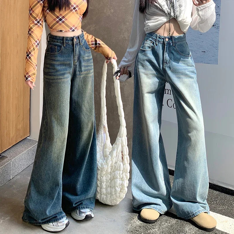 Womens Jeans Denim Pants 2025 Euramerican High Waist Girl Style Colorful Straight Leg Wide Leg Trousers