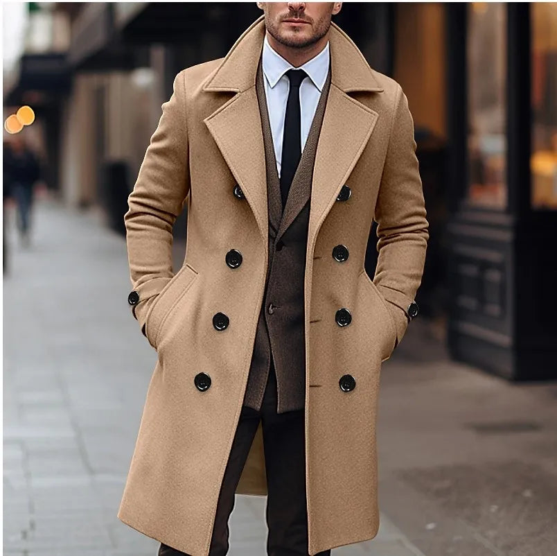 Men England Style Wool Blend Long Coat Winter Business Outerwear