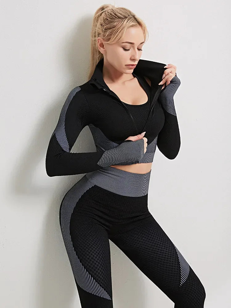 Yoga Clothes Gym Wear Women Fitness Clothing Outfit Workout Zipper Sportswear Long Sleeve Crop Bra Top Leggings Seperately Sold