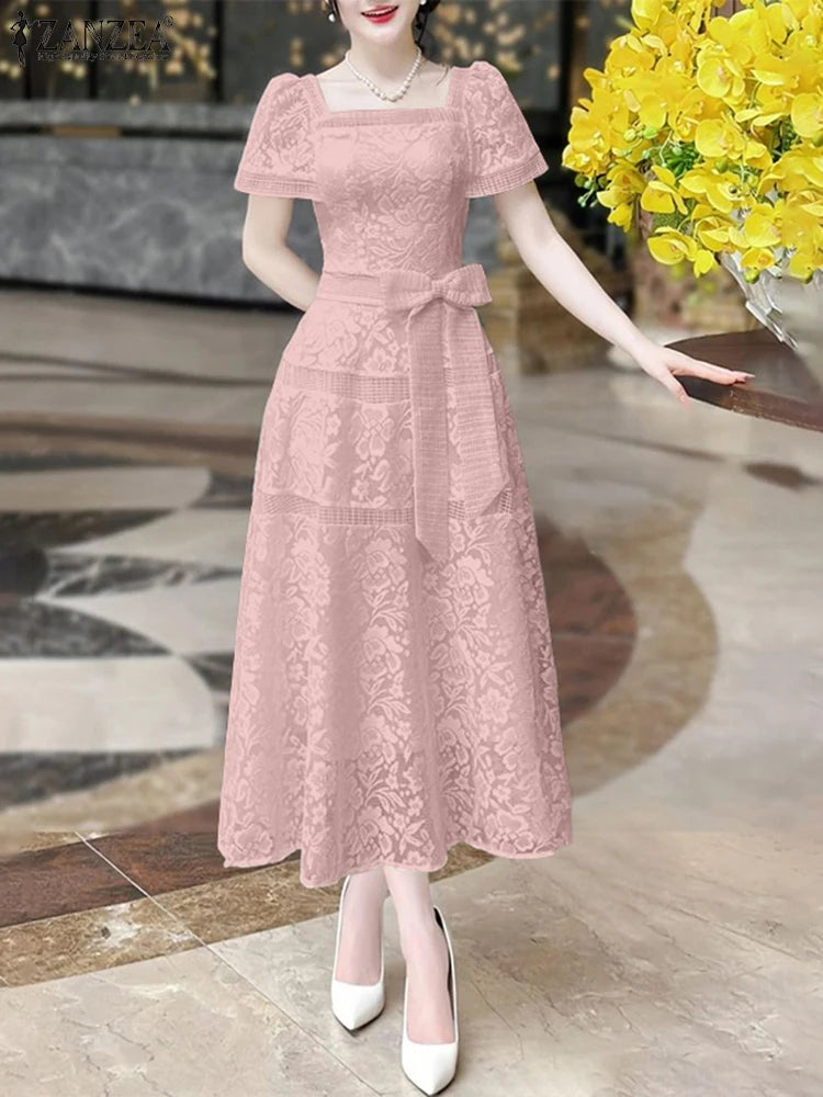 ZANZEA Women's Elegant Lace Midi Dress - Square Collar Short Sleeve Party Sundress