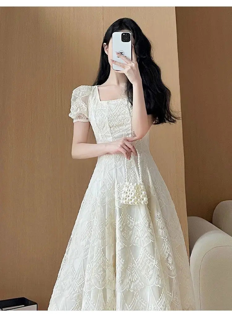 Women's Plus Size A-Line Summer Dress - Lace Hollow Out, Square Neck, Waist Cinched