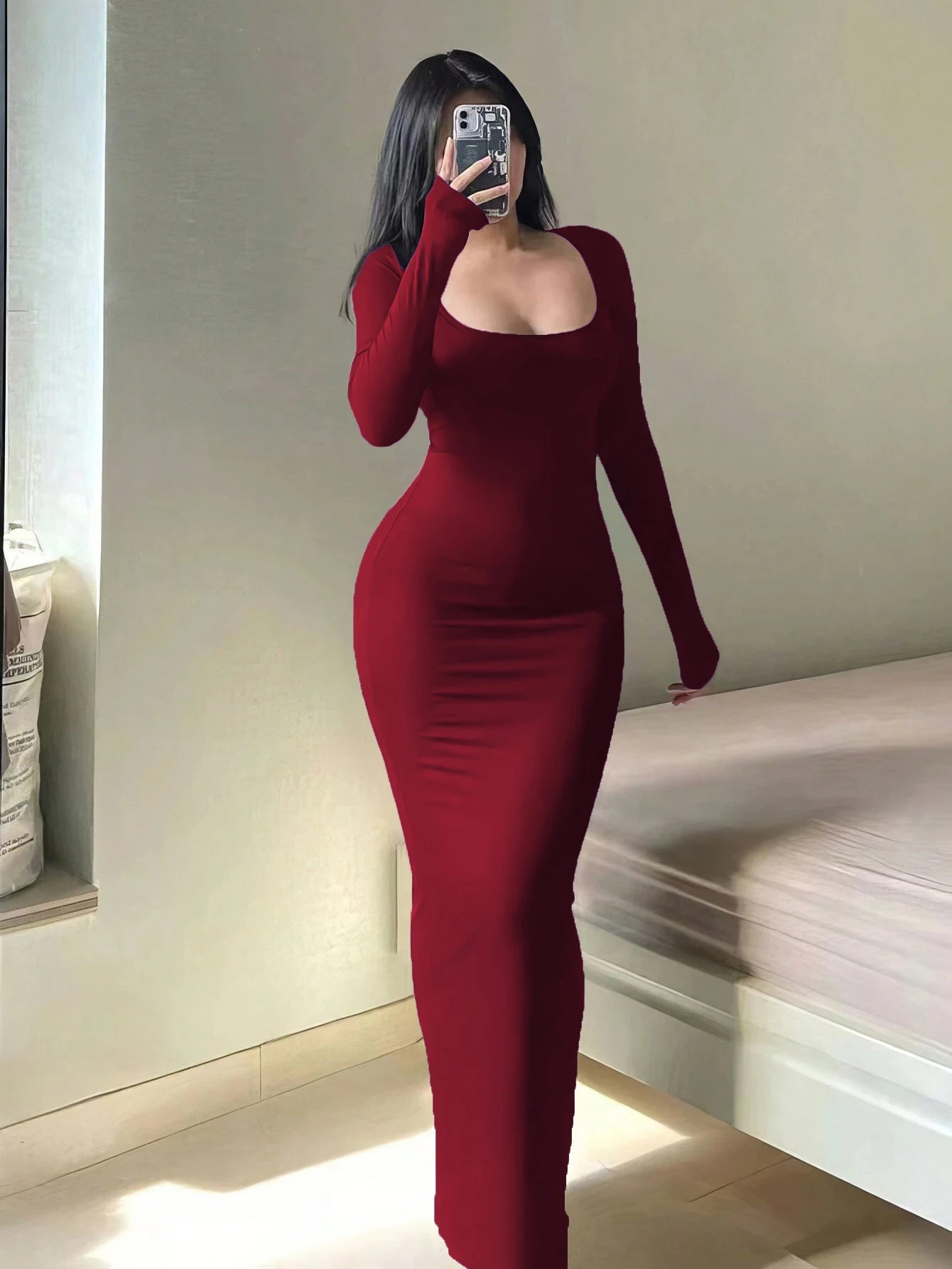 Women’s Solid Long Sleeve Bodycon Dress Scoop Neck Minimalist Casual Fashion